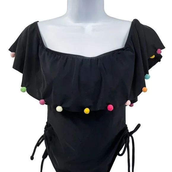 ASOS Rainbow Pom Pom One Piece Off Shoulder Bathing Suit Swimsuit Bikini - Picture 6 of 10